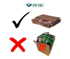 Two bundles of cardboard. One is bundled correctly for collection with just twine wrapped around it. The other is bundled but placed in a box and taped with painter's tape. A rejection sticker can be seen on the box.